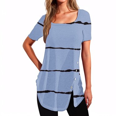 Plebaso Womens Square Neck Short Sleeve Tunic Tops Casual Striped Loose Tshirts Loose Summer Split Shirts