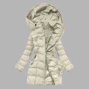 Frostluinai Winter Coats for Women Warm Long Quilted Puffer Jackets Zip up Hooded Mid Long Parka Jackets Thicked Down Outerwear with Pocket