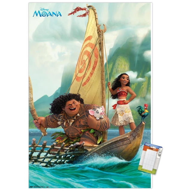 Disney Moana - Affiche Murale de Groupe, 22,375 Pouces x 34 Pouces Représentant Moana et Maui sur un Canot à Voile Polynésien avec une Voile Beige Marquée d'Une Spirale Rouge. Maui Tient un Petit Cochon pendant Que Moana Se Tient à la Nœudée avec un Coq. l'Océan vibrant et les Montagnes Vertes Forment l'Arrière-plan. Imprimée sur Papier d'Art photo Brillant avec Supports Adhésifs pour une Suspension Facile et Sans Dommages, Convient pour Décorer les Chambres