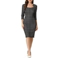 thumbnail image 2 of INSPIRE CHIC Robe à Carreaux pour Femme Encolure Carrée Manches 3/4 Moulante Midi Robe de Travail TP Noir, 2 of 6
