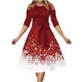 thumbnail image 1 of AherBiu Robe de Noël pour Femmes à Épaules Dénudées, Manches 3/4, Fermeture Éclair, Taille à Nœud, Froncée, Robe Midi de Fête, 1 of 6