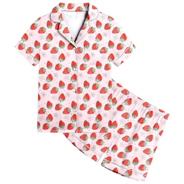 Luvoko Tween Strawberry Pattern Kids Boys And Girls Pattern Printed Short Sleeve Button Down Pajamas Shorts Set Sleepwear Outfits Kids Set Baby Robe Elephant Tween Girls Robe Kids Bathrobes Size 14