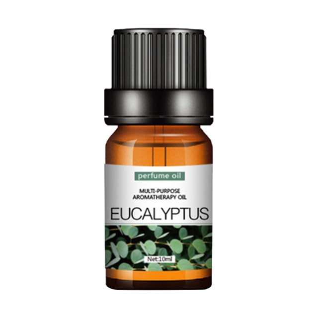 EGNMCR humidifiers for bedroom aromatherapy with a 10ml eucalyptus essential oil bottle. The amber bottle features a black cap and a label reading 'Multi-Purpose Aromatherapy Oil' and 'Eucalyptus,' complemented by a green leaf design. Ideal for car aromatherapy, plant water-soluble humidifiers, and promoting respiratory health by alleviating dry air issues.