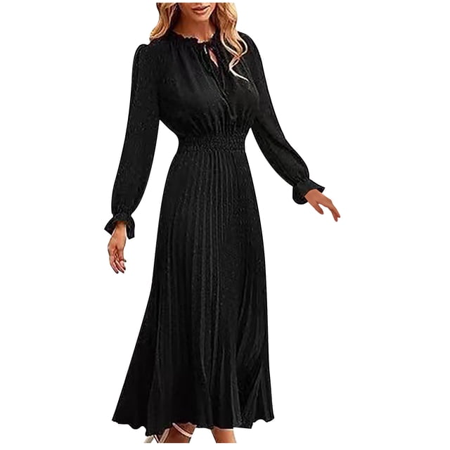 cfhntfmh Robes d'Invitée de Mariage pour Femmes Tendance à Découpes à Volants Col Ras du Cou Robe Maxi Smockée Ample Plissée Robe de Soirée