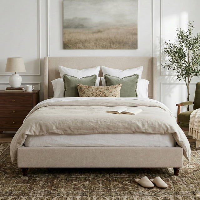 Noble House Queen Upholstered Wingback Headboard Platform Bed,Taupe