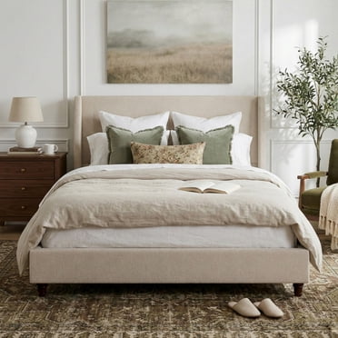 Noble House Queen Upholstered Wingback Headboard Platform Bed,Taupe