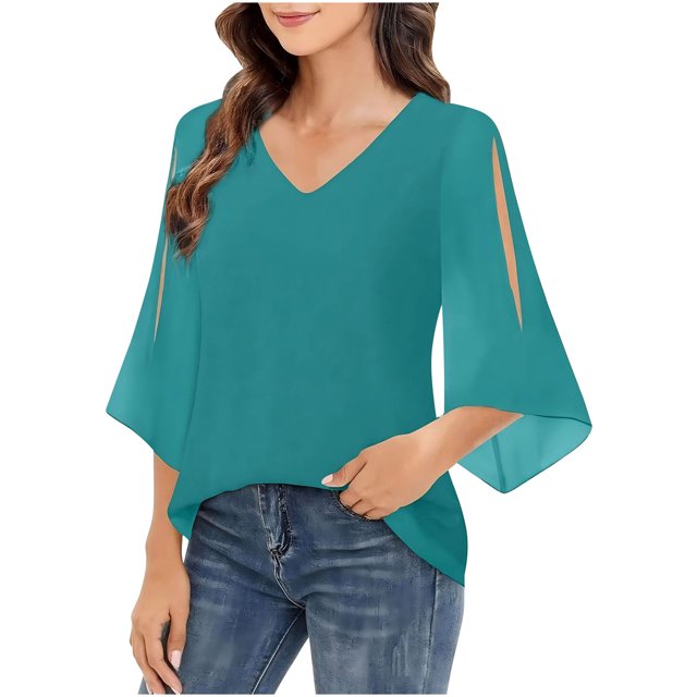 Savings Clearance Womens Ruffle 3/4 Sleeve V Neck Double Layers Chiffon Blouses Dressy Tops