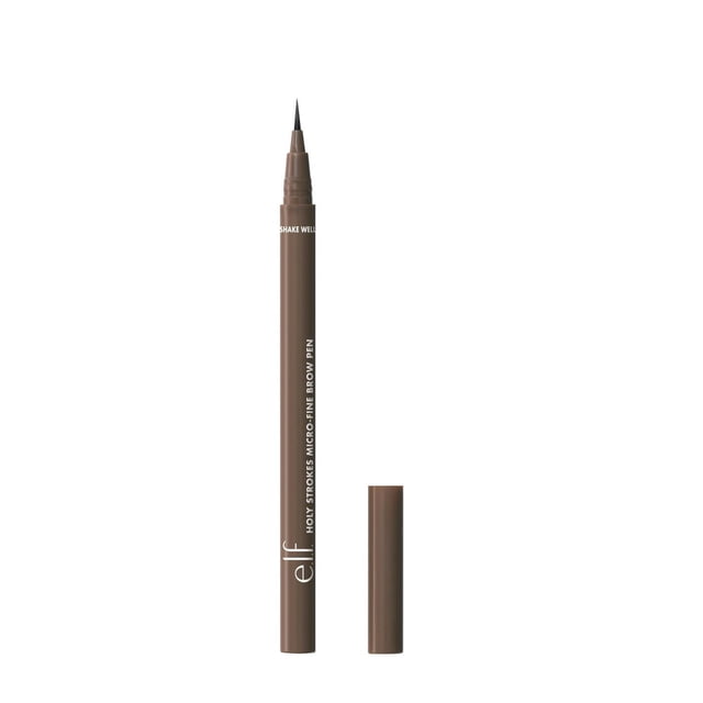e.l.f. Cosmetics Holy Strokes Micro-Fine Brow Pen with a slim brown barrel and precision black micro-fine brush tip, uncapped and standing vertically with the cap beside it on a white background, ideal for detailed, natural eyebrow definition and long-lasting wear.