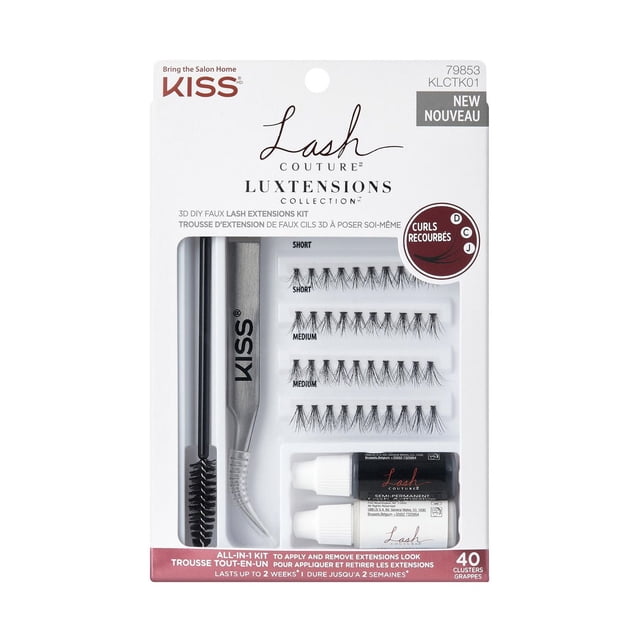KISS Lash Couture Luxtension Collection - Kit - 40 Clusters with short and medium 3D faux lash extensions, semi-permanent adhesive and remover, precision tweezers, and spoolie for professional-style application and removal at home, lasting up to 2 weeks.