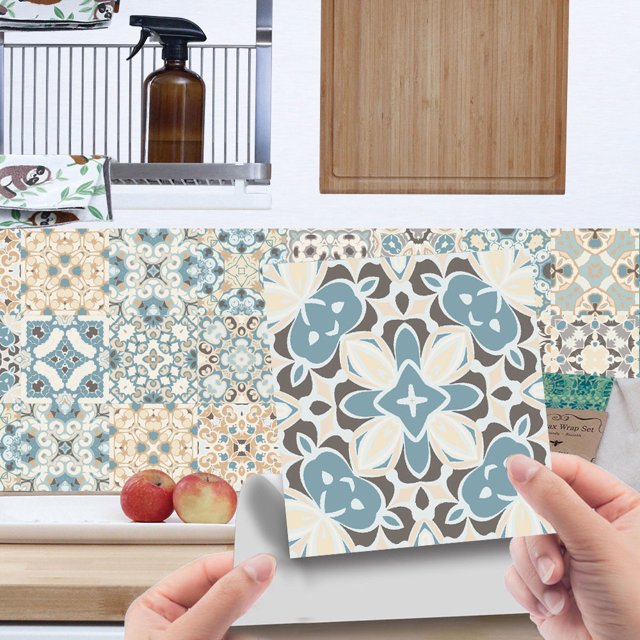 MAWCLOS Decals Peel And Stick Tile Sticker Backsplash Tiles 24 Pack Removable Wall Stickers PVC Floral Moroccan Waterproof DIY Style 6 3.94x3.94"/10x10cm