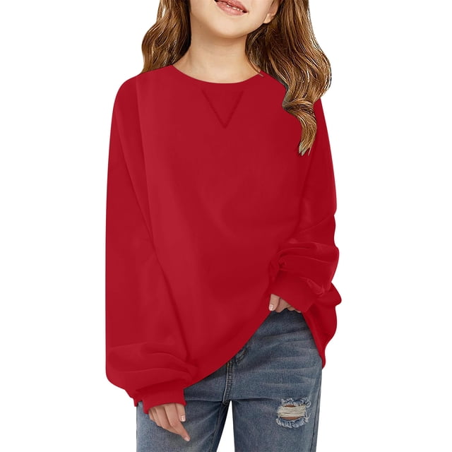 Timegard Girls Sweatshirts Kids Solid Color Athletic Pullover Tops Fall Casual Loose Running Clothing