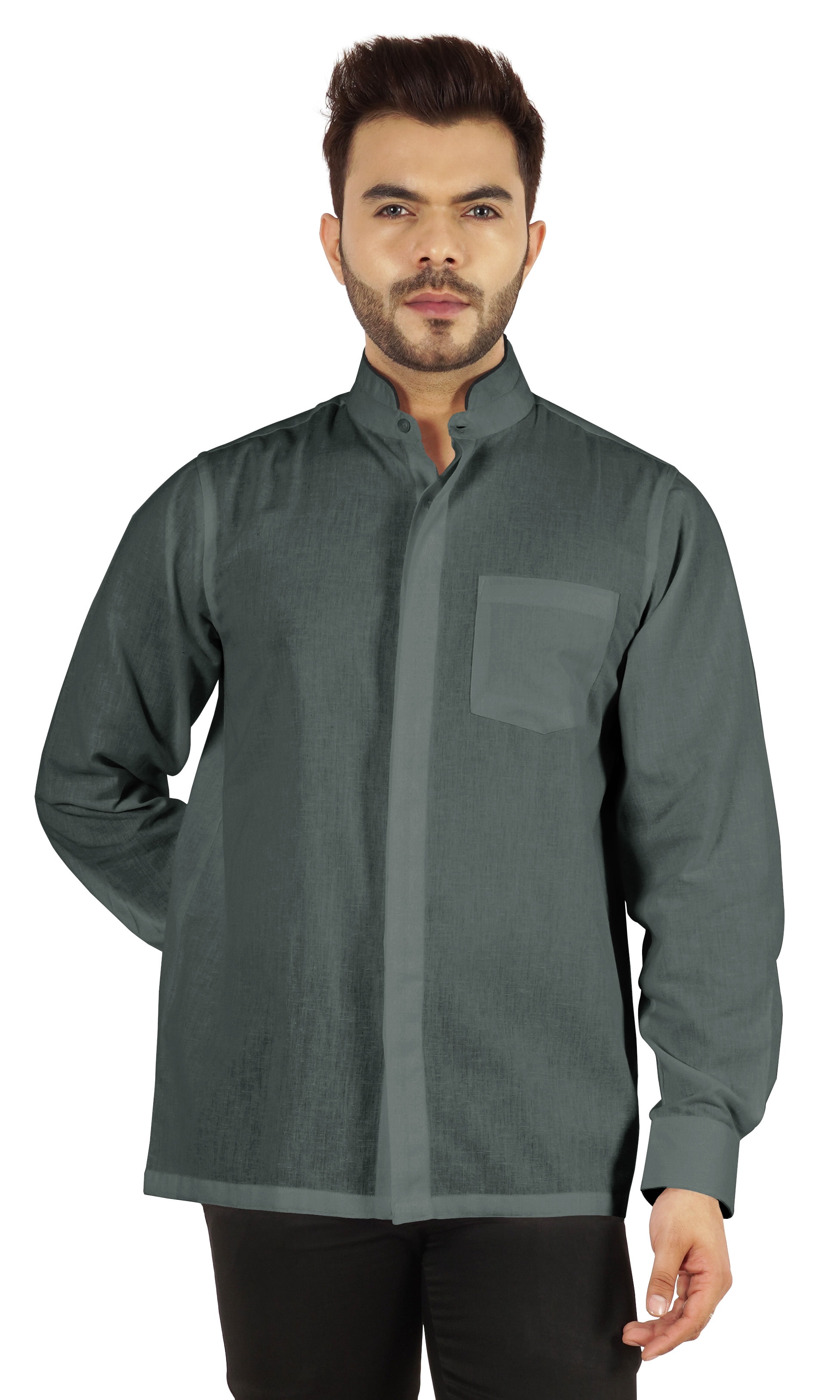 Bestman Solid Long Sleeve Shirt For Mens Front Double Button Placket Chinese Collar Shirt