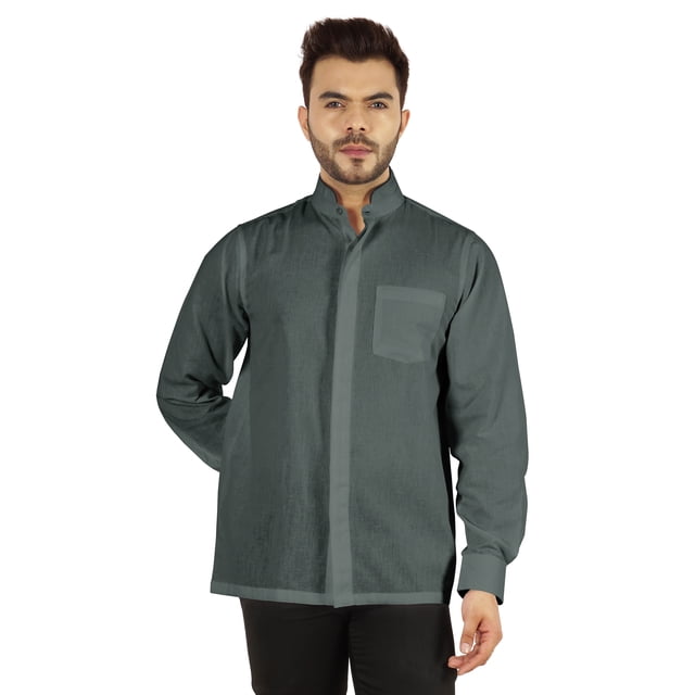Bestman Solid Long Sleeve Shirt For Mens Front Double Button Placket Chinese Collar Shirt