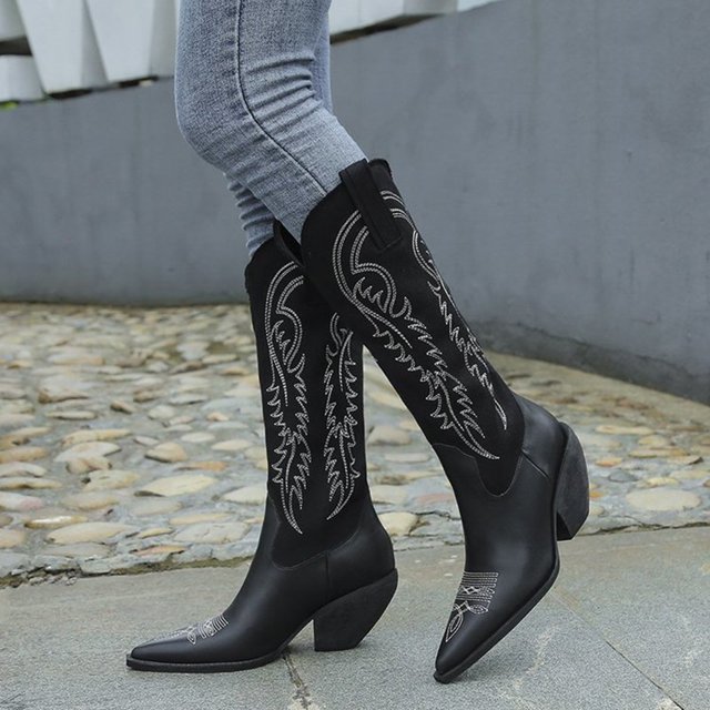Chaussures pour Femmes Motif Embossé Rétro Talon Moyen Fermeture Éclair Mode Bottes Hautes en Cuir