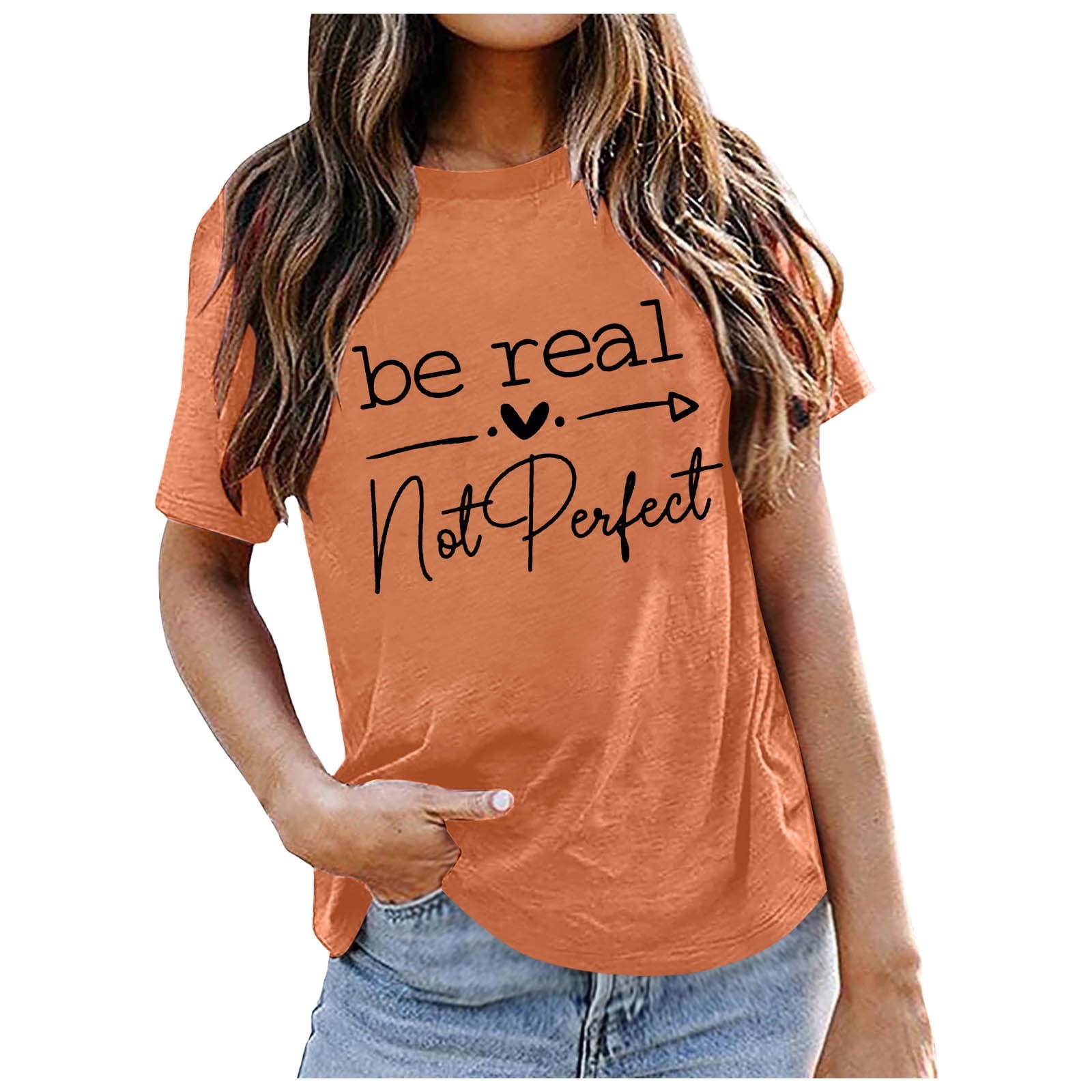 WEIYLL T-Shirts Women Short Sleeve Letter Print Orange Tops Sizes M