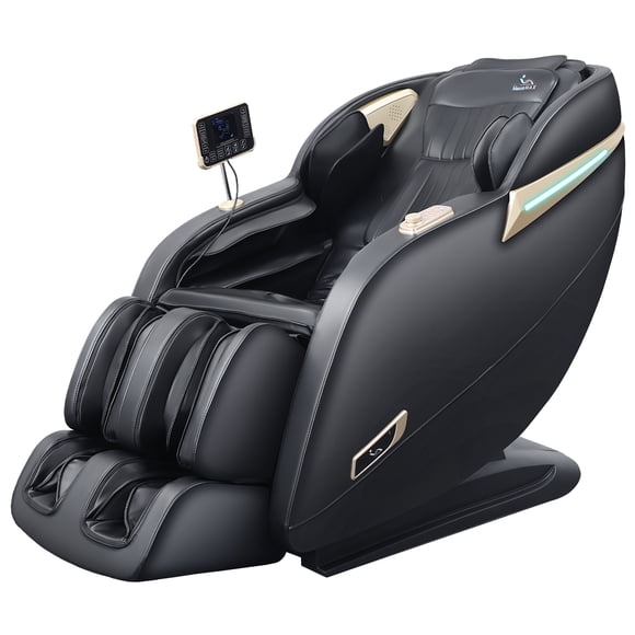 MassaMAX Version 2025 Fauteuil de Massage Intégral 3D, Fauteuil Inclinable à Gravité Zéro avec Yoga Extensible, Piste SL, Coussins Gonflables, Chauffage et Massage des Pieds, Noir/or