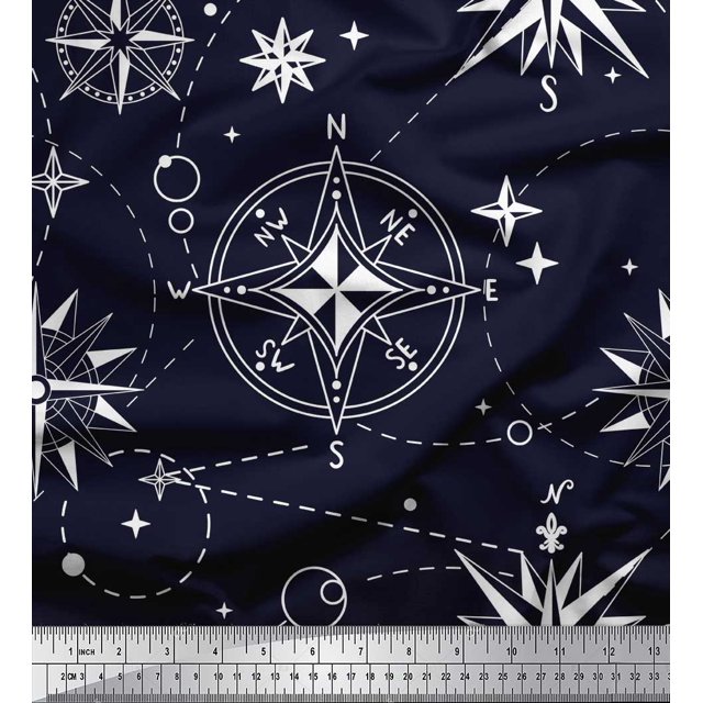 Soimoi Blue polyester Crepe Fabric Direction Compass Nautical Print Fabric by Yard 52 Inch Wide
