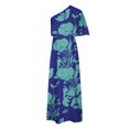 thumbnail image 4 of TMOYZQ 50 % de Rabais Été! Robe Longue Maxi à une Épaule pour Femmes, Ourlet Fendu, Imprimé Floral, Manches Courtes Évasées, Coupe Ample Froncée, Robe de Cocktail, Robe de Soirée, Robes d'Invitée de Mariage, 4 of 5
