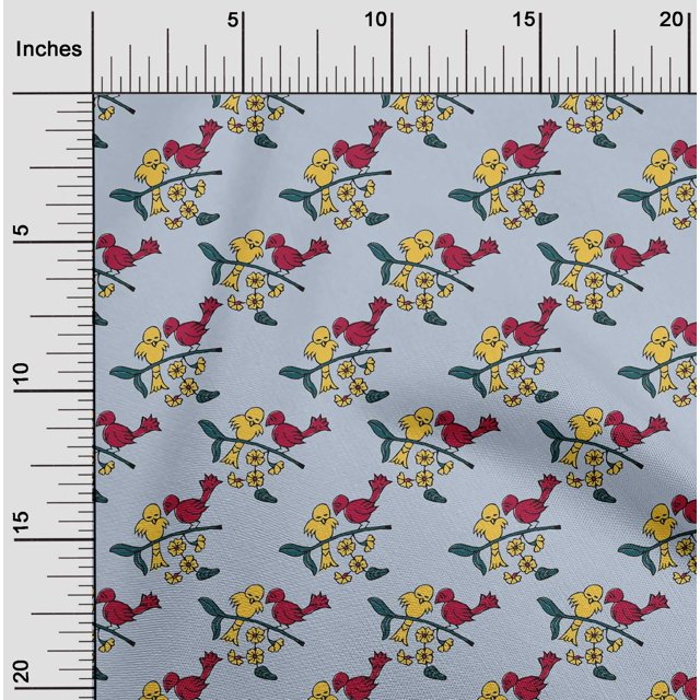 oneOone Georgette Viscose Fabric Leaves|Bird & Floral Block Printed Fabric 1 Yard 42 Inch Wide
