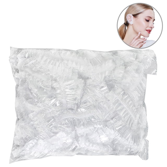 Un Sac en Plastique Transparent Contenant Plusieurs Embouts Jetables pour Douche d'Oreille en Plastique HDPE. les Couvre-Oreilles Sont Imperméables, Résistants à l'Huile et à la Poussière, avec une Taille Unique de 6 cm de Longueur et une Longueur Extensible de 12 cm. Convient pour Protéger les Oreilles pendant les Douches, la Teinture des Cheveux Ou le Shampoing. l'Insertion Montre un Couvre-Oreille en Service.