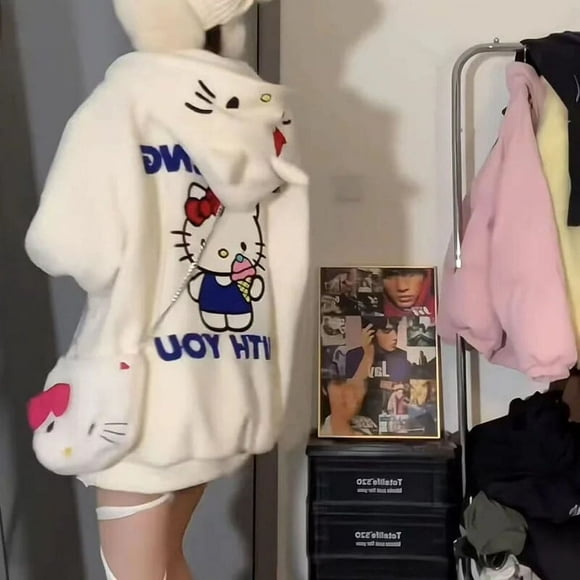 Sanrio Women Hoodies Hello Kitty Sweatshirt Girl Sherpa Coat Kawaii Y2K Clothes Korean Autumn Winter Plus Velvet Festival Gift Warm GQ