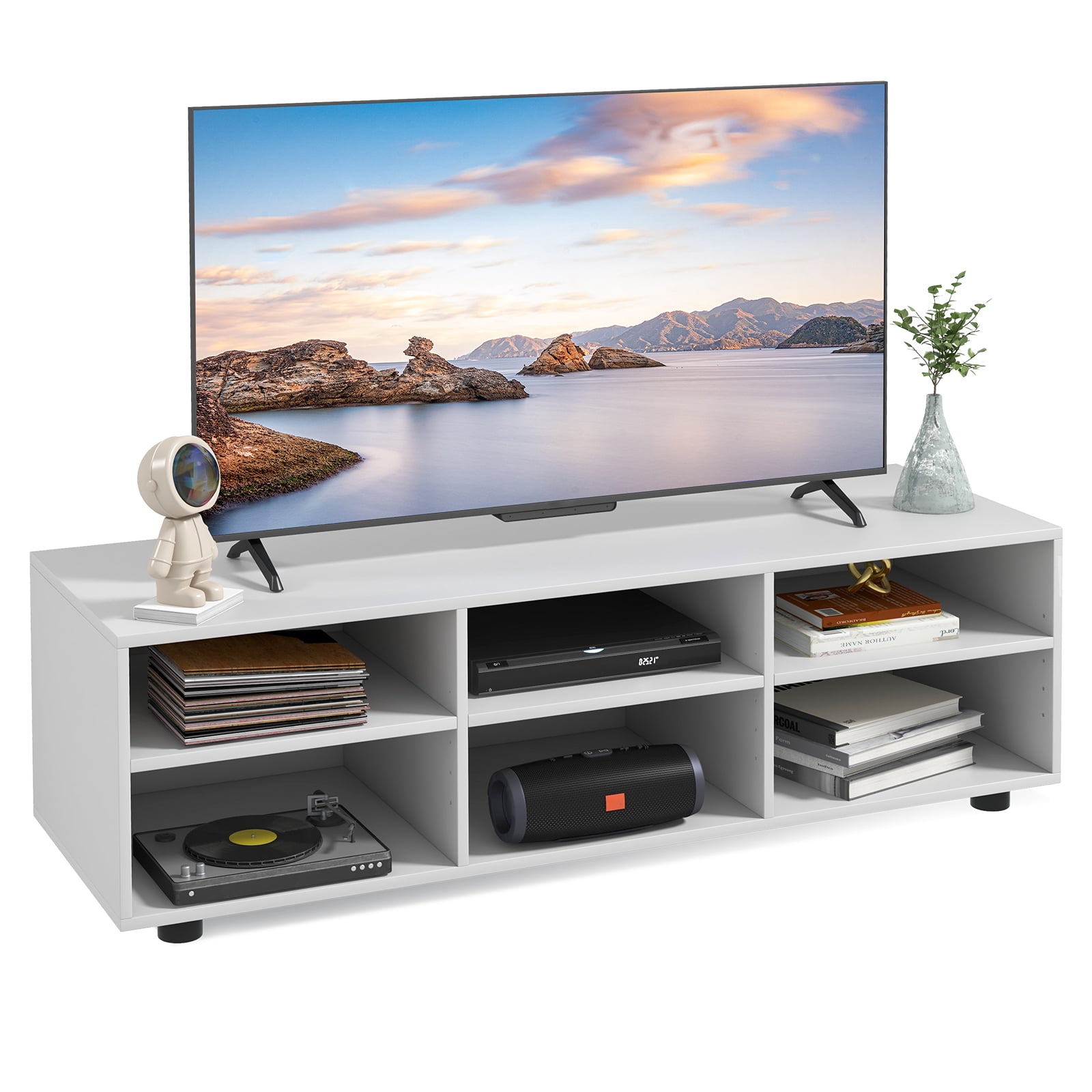 Patiojoy Wood TV Stand TV Console Cabinet w/ 6 Open Compartments 3 Adjustable Shelves Adjustable Footpads 6 Cubby Media Console Center for TVs