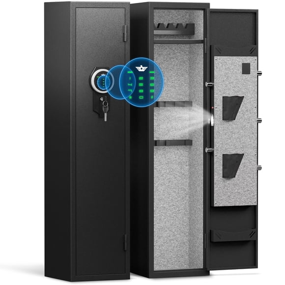 Silkight Coffre-Fort pour Armes 5-10, Coffre-Fort pour Armes Longues à Accès Rapide avec Mot de Passe, Coffres-Fort Numériques avec Clavier Rétroéclairé pour Pistolets et Pistolets, Armoire à Armes avec 3 Supports Ajustables, Tablette Amovible, Boîte à Munitions