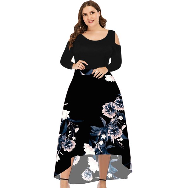 DPTALR Plus Size Women Round Neck Off Shoulder Floral Printed Strapless Gradient Splicing Long Sleeve Pullover Irregular Hem Party Dress