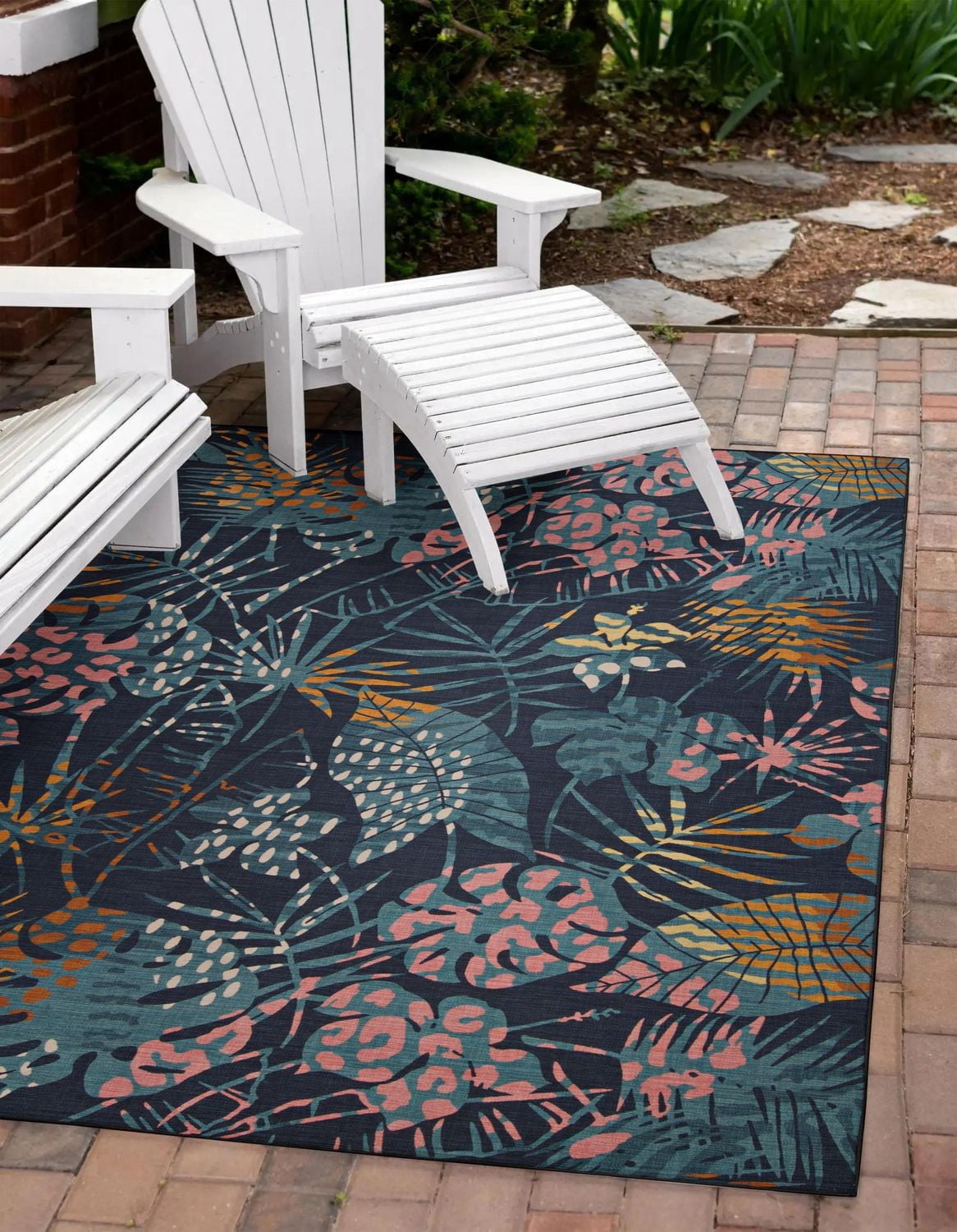 Tapis d'extérieur lavable Miramar marine & or 5 pi x7 pi