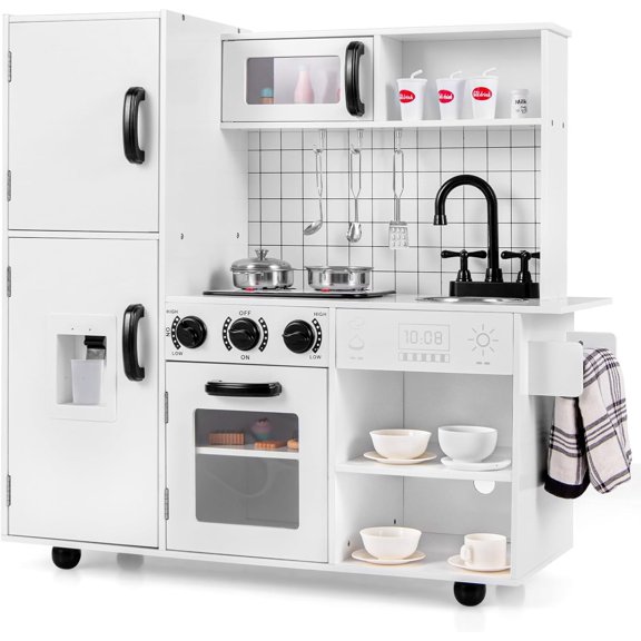 OLAKIDS Cuisine de Jeu pour Enfants, Ensemble de Cuisine de Jeu en Bois pour Enfants avec Lumières et Sons Réalistes, Casseroles Poêle Micro-Ondes Évier, Ensemble de Jouets de Cuisine Factice pour Enfants Cadeau pour Tout-Petits Garçons Filles 3+