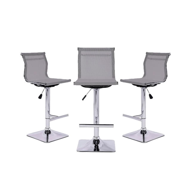 Heavenly Collection Mesh Adjustable Stool SET OF 3 with grey nano mesh polyester seats for breathability, chrome stainless steel pedestal bases with square footrests, adjustable height from 38 to 47 inches, and 360° swivel, shown front and side views on white background, suitable for kitchen and dining seating.