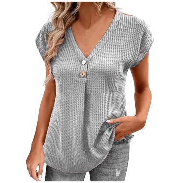 Timegard Womens Tops V Neck Button Ruched Cap Short Sleeve Solid Color Tee Dressy Casual Tunic Tops