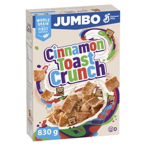 Cinnamon Toast Crunch Petit-déjeuner céréales, taille Jumbo, grains entiers, 830 g