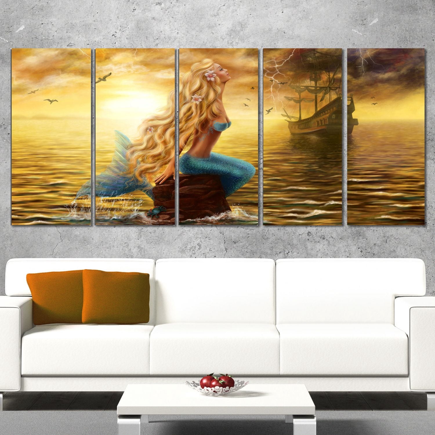 Design Art Sea Mermaid with Ghost Ship Seascape Digital Canvas Print