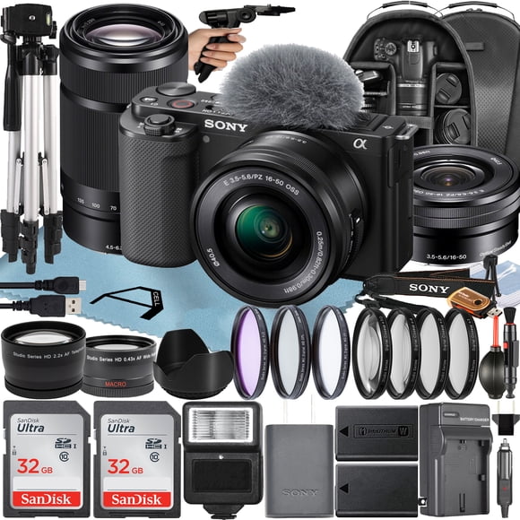 Sony Alpha ZV-E10 Mirrorless Vlog Camera with 16-50mm Lens + 55-210mm Lens + 2 Pack 32GB Memory Card + Flash + Tripod + Backpack + A-Cell Mobility Accessory Bundle (Black)