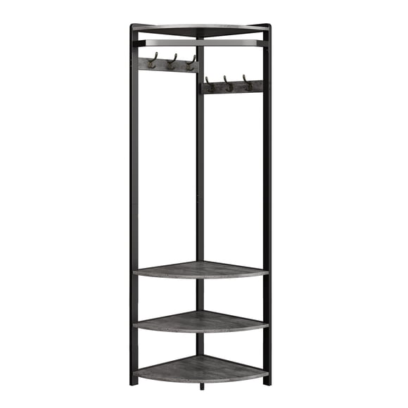 Space-Saving Semi-Circular Corner Coat Rack Hall Tree – 6 Double Hooks, 4 Storage Shelves, Shoe Bench – Freestanding Entryway Organizer for Hallway, Closet, or Apartment – Stone Grey