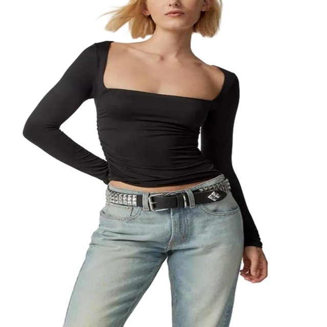Women‘s Bodycon Square Neck Long Sleeve Shirts Slim Fit Tops Basic Blouse Tee Tops