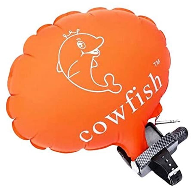 Float Wristband Anti-Drowning Bracelet, an emergency flotation device with a bright orange inflatable airbag featuring a cowfish logo. The device includes a durable black wristband made of TPU silicone and a pull-rod mechanism for quick inflation within 1-2 seconds. Designed for water safety, it provides buoyancy for adults and kids during swimming, surfing, fishing, or other water activities, supporting weights of 100kg-150kg.
