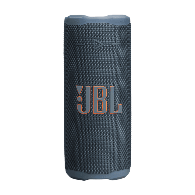 JBL Grip Blue Portable Speaker centered front-facing view of a compact portable Bluetooth speaker with matte blue fabric grille and white JBL logo. Built-in metal hook, rubberized back panel with ambient light ring, and side-panel control button visible. IP68 waterproof/dustproof, drop-proof, up to 14 hours playtime and Auracast stereo pairing; often used for travel, beach days, and handheld listening.