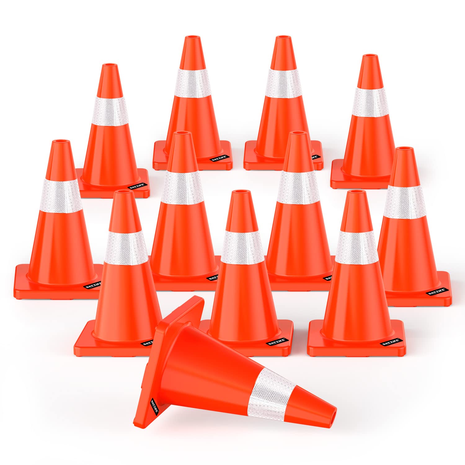 BATTIFE 12 Pack Traffic Safety Cones 18 Inch with Reflective Collars PVC Orange Construction Cones for Home Driveway Road Parking Use