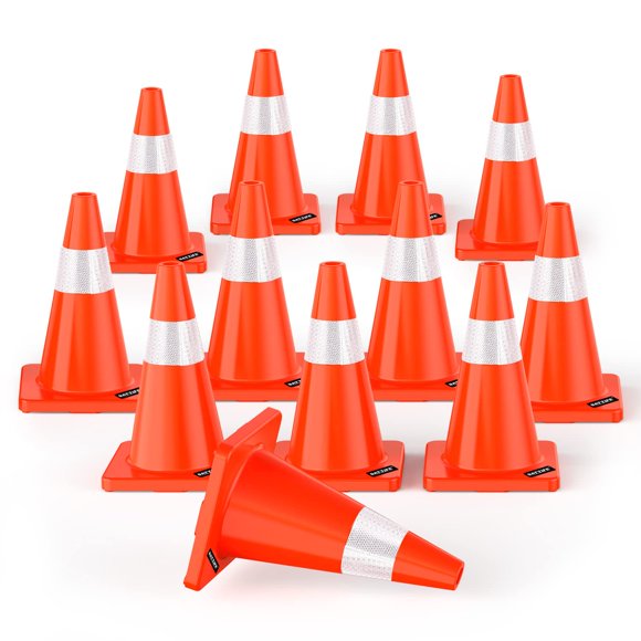BATTIFE Lot de 12 Cônes de Sécurité 18 Pouces Pouces avec Colliers Réfléchissants PVC Construction Durable Orange pour Maison Allée Route Stationnement