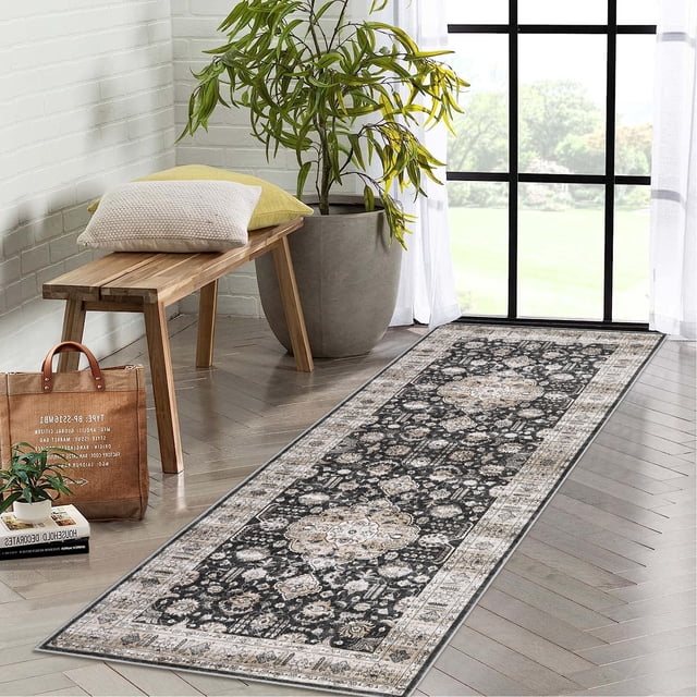 GlowSol 2'x6' Washable Hallway Runner Rug Vintage Medallion Print Low Pile Non-Slip Bedroom Runner Rugs for Kitchen Laundry, Black