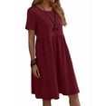 thumbnail image 2 of Robe T-Shirt d'Été en Coton et Lin pour Femmes, Décontractée, Coupe Ample, Col Rond, Manches Courtes, Longueur Midi, avec Poches, Rouge Vin, m, 2 of 7