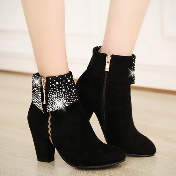 jsaierl Women's Warm Solid Retro Zipper High Heel Round Toe Square Heel Boots Shoes