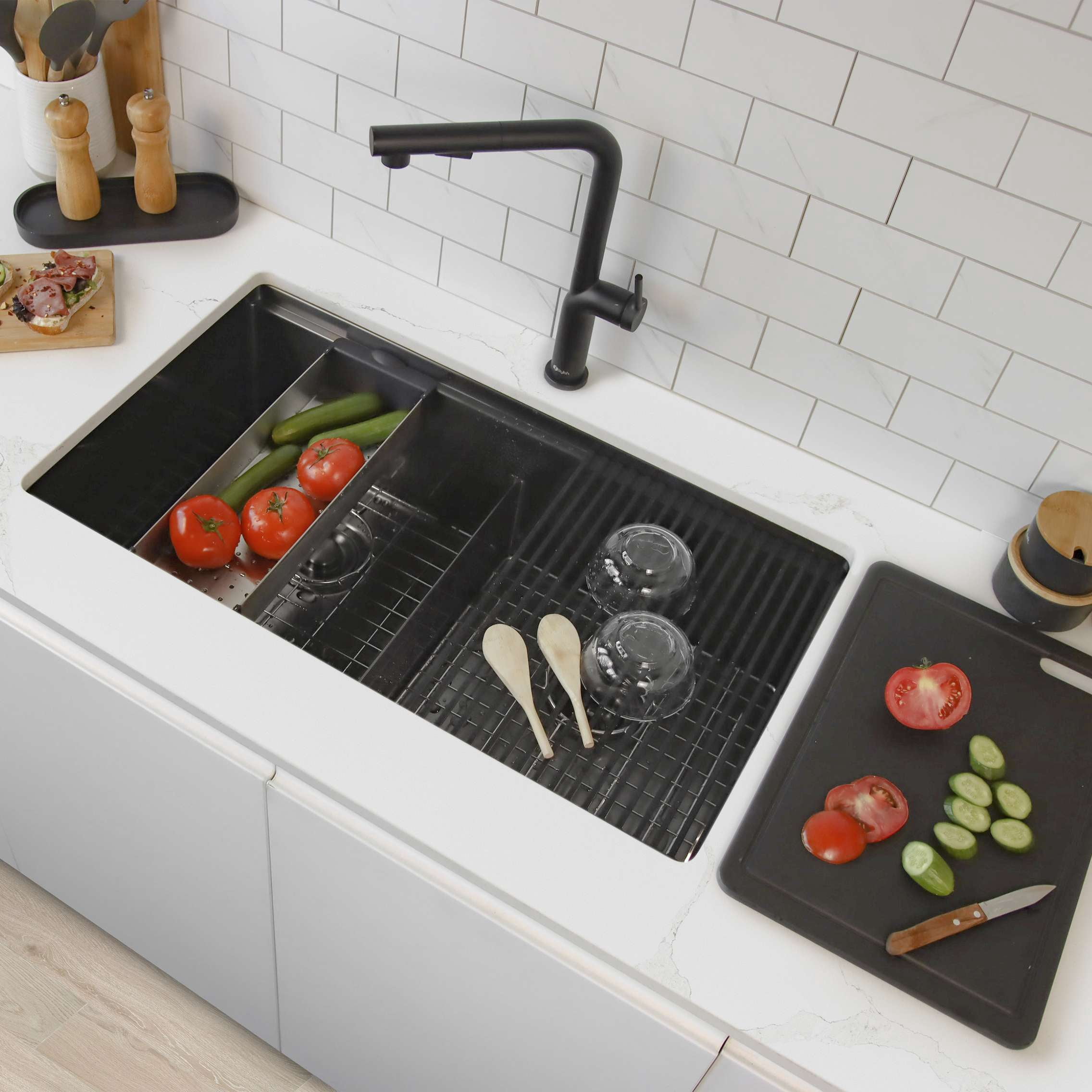 Stylish Undermount 32" Graphite Black Double Bowl Workstation Kitchen Sink with 7 Black accs S-601WNK