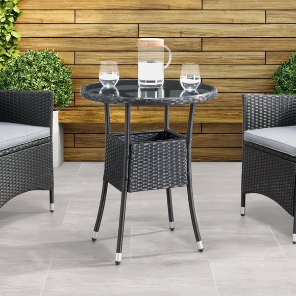 CorLiving Parksville Resin Wicker and Steel Round Outdoor Bistro Table with Glass Top and Flared Legs, Black