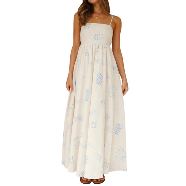 Gupgi Robe Camisole Bohème pour Femmes Sans Manches à Bretelles Spaghetti avec Découpe au Dos Longue Robe Graphique Fluide pour la Plage
