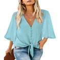 thumbnail image 1 of CHUANK Women‘s Button Down V Neck Tops Ruffled 3/4 Sleeve Tie Knot Front Blouses White Sizes S-2XL, 1 of 5