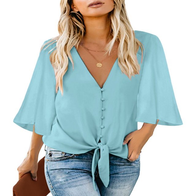 CHUANK Women‘s Button Down V Neck Tops Ruffled 3/4 Sleeve Tie Knot Front Blouses White Sizes S-2XL