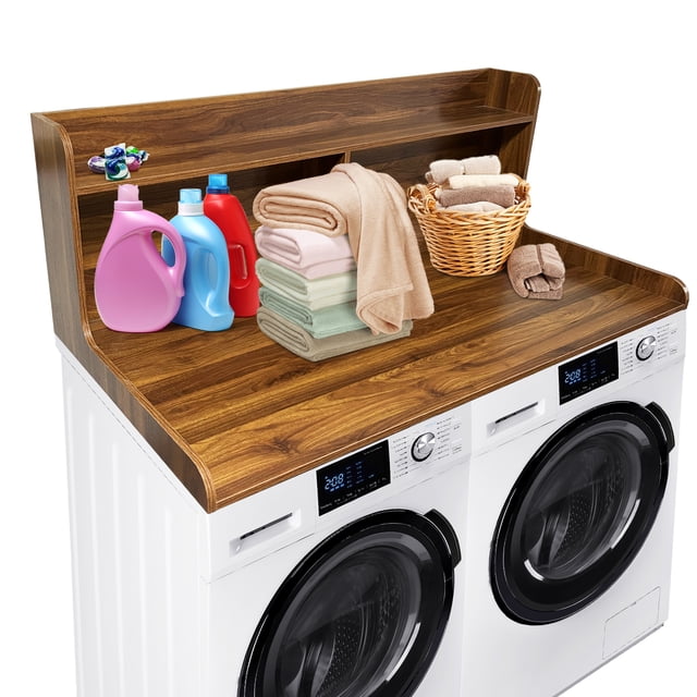 Washer Dryer Shelf 2-Tier – Waterproof Wood Laundry Room Storage Organizer with Spacious Space-Saving Design – Walnut, 54x27.5 Inch Laundry Shelf